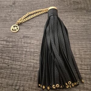 Michael Kors Black Leather Tassel Key Fob with Gold MK Charm